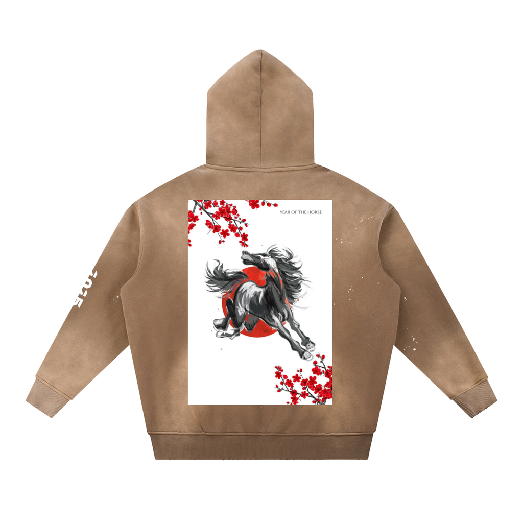 YEAR OF THE HORSE Washed Frayed Fleece Hoodie