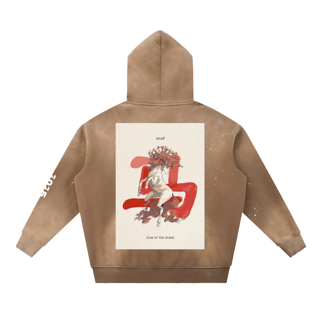 YEAR OF THE HORSE Vintage Washed Frayed Fleece Hoodie