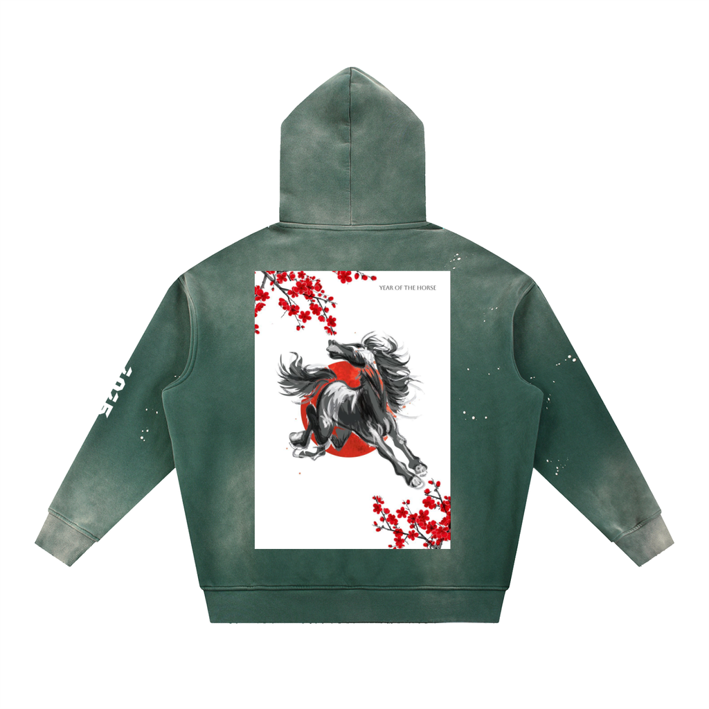 YEAR OF THE HORSE Washed Frayed Fleece Hoodie