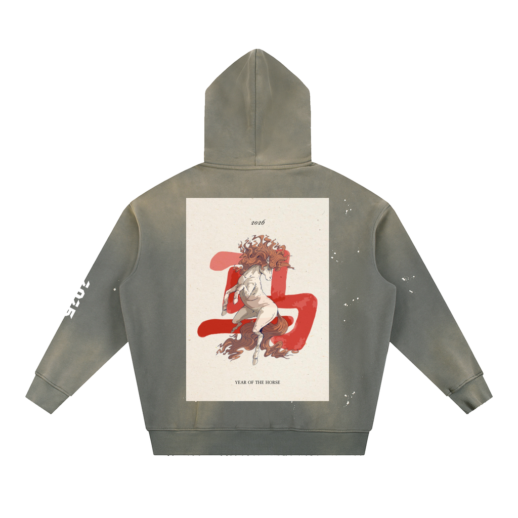 YEAR OF THE HORSE Vintage Washed Frayed Fleece Hoodie