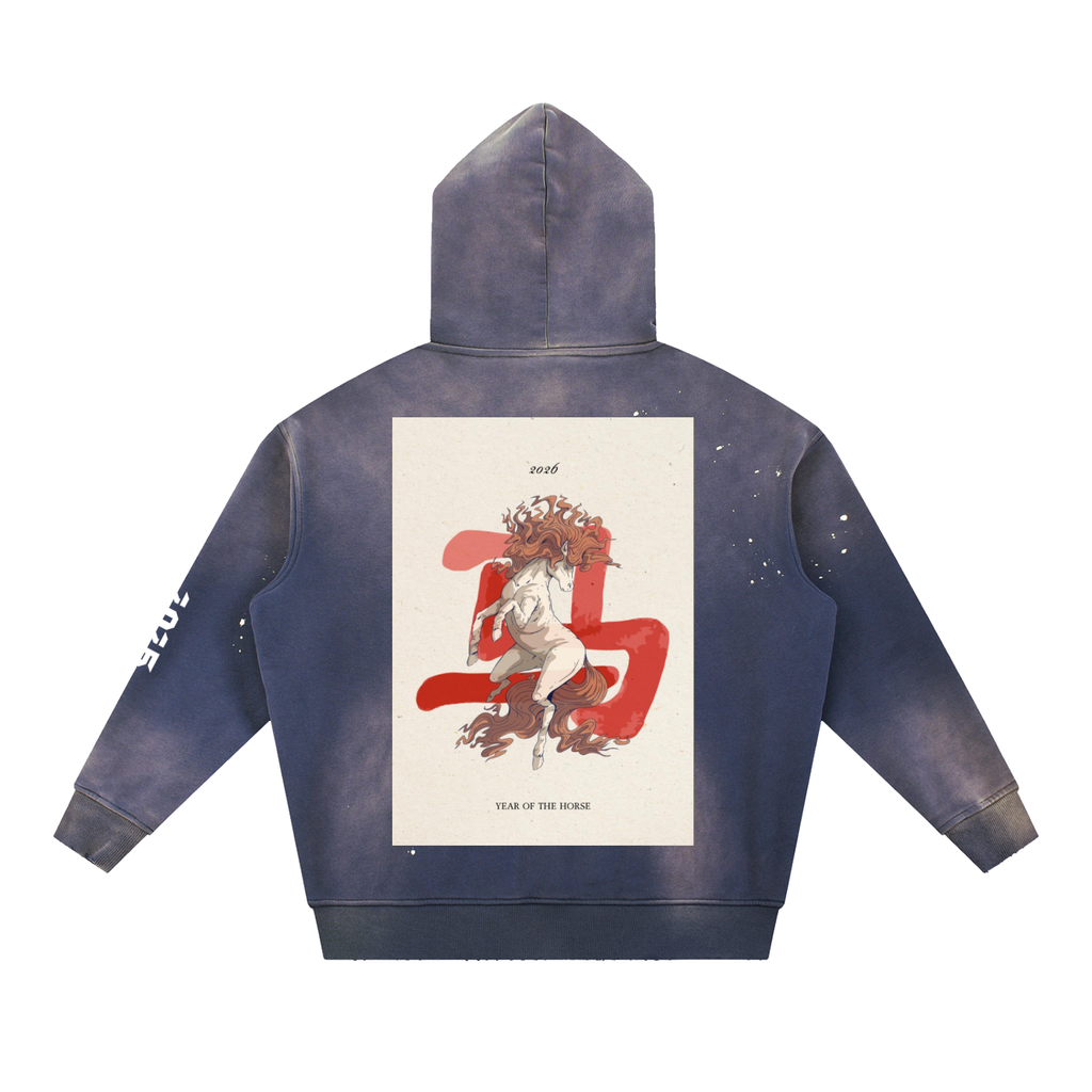YEAR OF THE HORSE Vintage Washed Frayed Fleece Hoodie